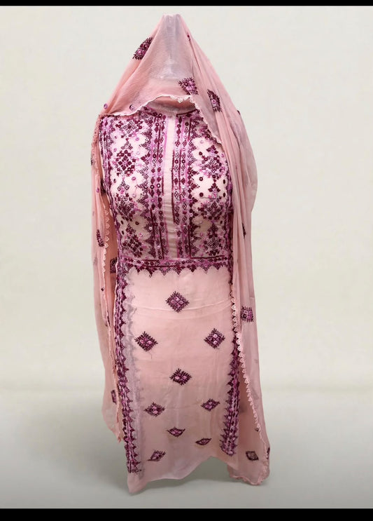 Peach Pink Crinkle Chiffon Suit - Balochi Handmade