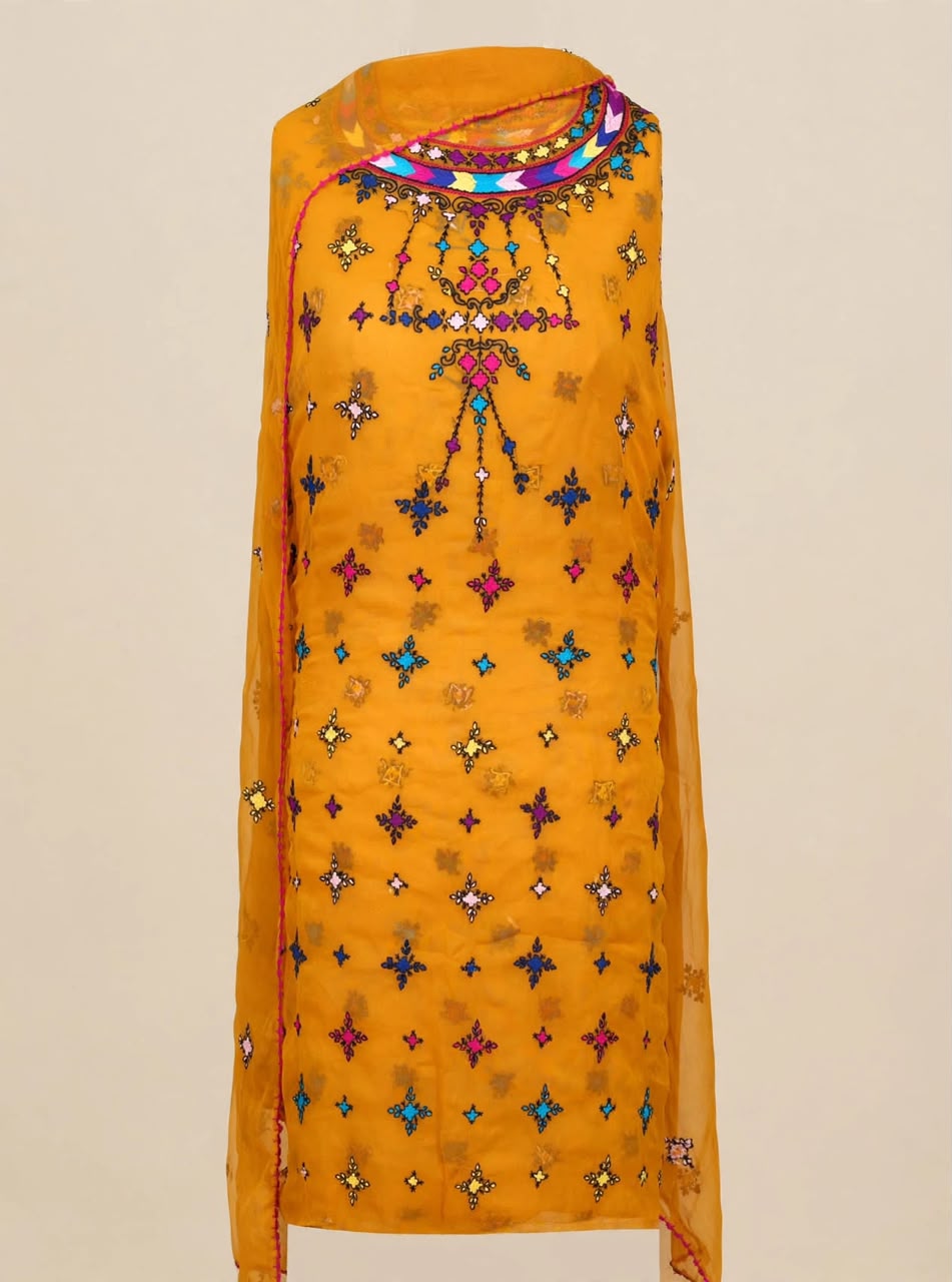 Mustard Yellow Chiffon Crinkle Balochi Suit - New Festive Collection
