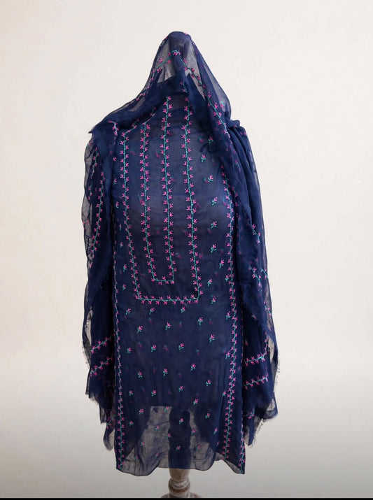 Navy Blue Chiffon Cross-Stitch Suit